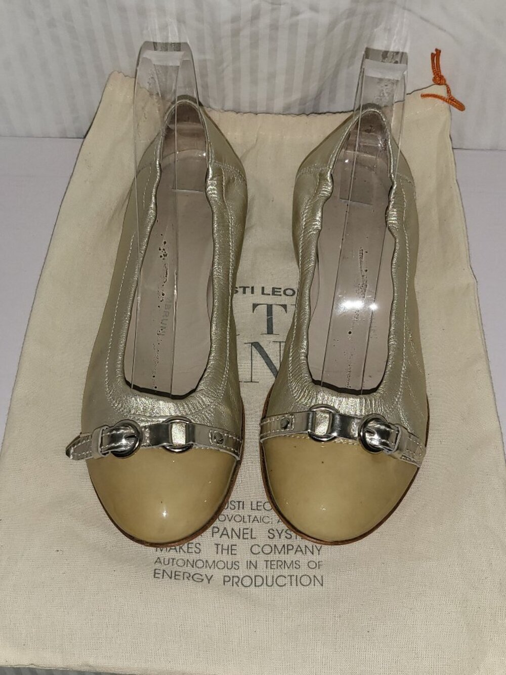 AGL Ballet Flats Size 37 Metallic Champagne Leather Buckle Patent Cap Toe Italy - Picture 1 of 4